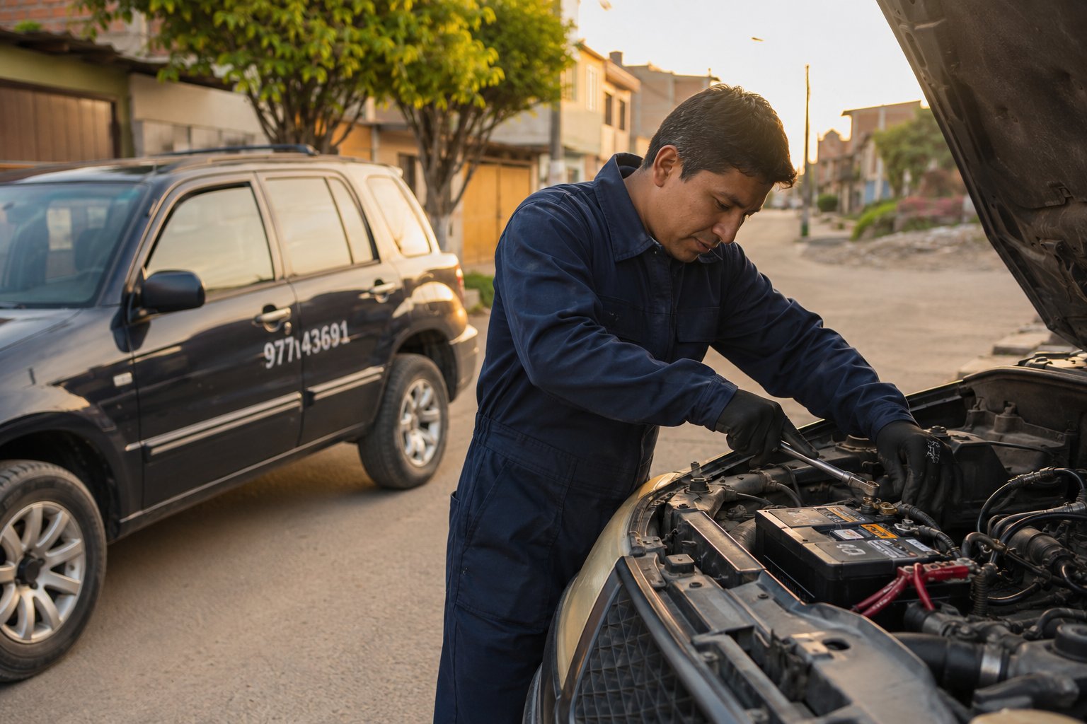 Cambio de batería a domicilio en Sullana - electricista automotriz instalando batería nueva