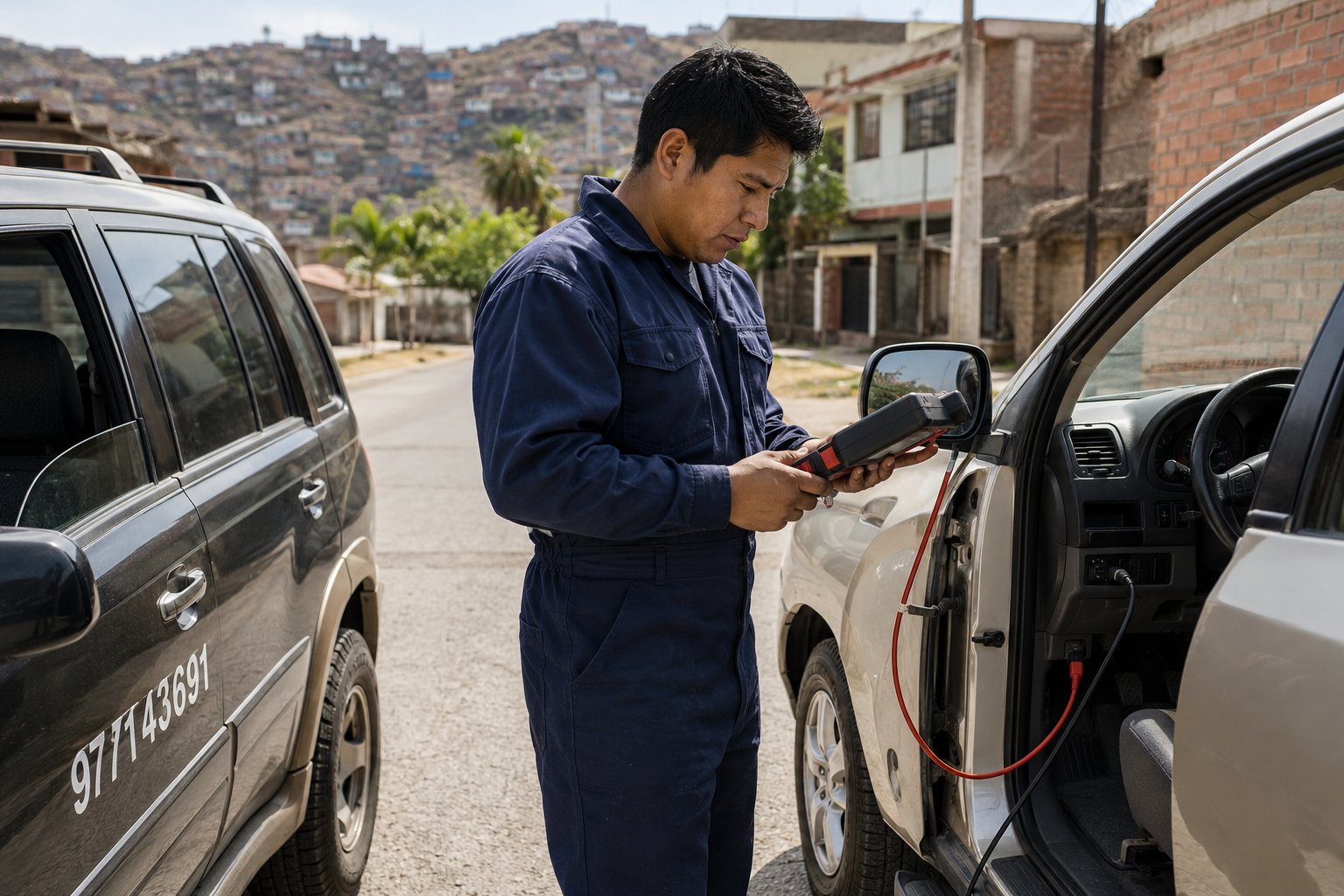 Escaneo automotriz a domicilio en Sullana - técnico con scanner OBD-II diagnosticando vehículo
